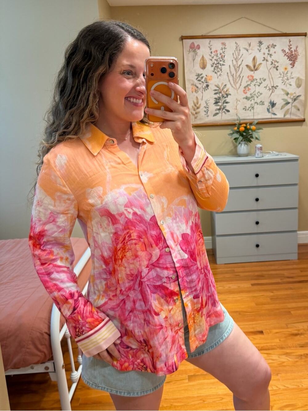 Soft Surroundings Mixed Media Watercolor Floral Button-Up Shirt Pink & Orange M